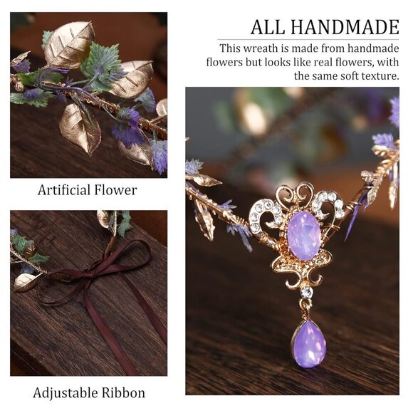 Purple Flower Elf Crown Woodland Fairy Headpiece Renaissance Cosplay Women main image 7